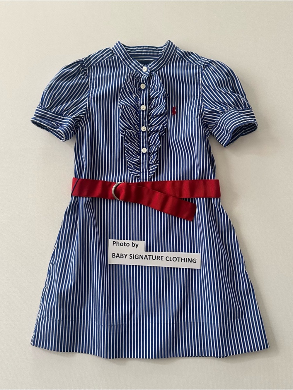 Ralph Lauren 4T Toddler Girl Blue White Striped Dress with Red Belt Ruffle